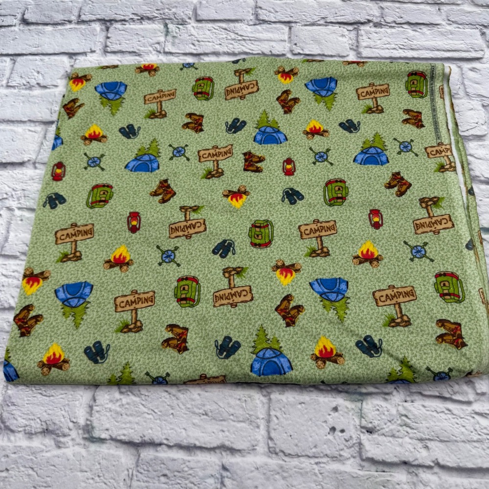 Camping Flannel Fabric 5 Yards Sage Green Novelty Tent Hiking Print Cotton